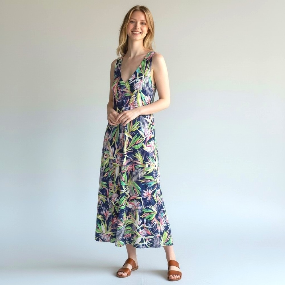 Rafaella Womens Tropical Floral Maxi Dress Navy Blue Tassel V-Neck High-Low L